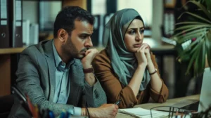 photo of a moroccan couple in their thirties, sitting at the office of a bank representative, the couple look sad and tired