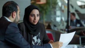 photo of a young arabic woman in here thirties, sitting at the office of a bank representative, the two are exchanging papers
